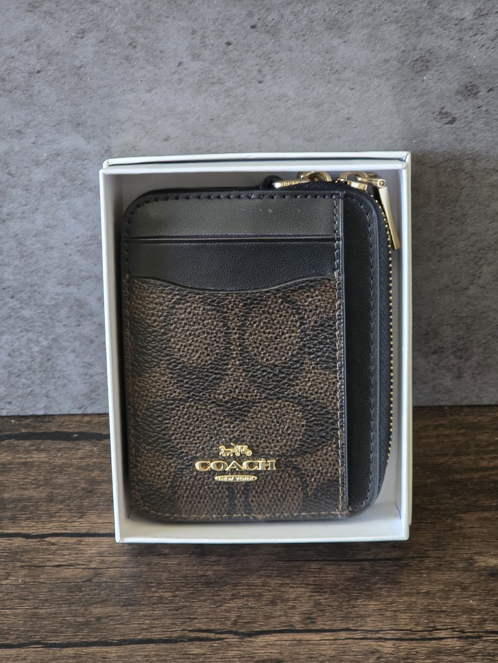 Coach Signature Zip Card Case Wallet - Brown/Black